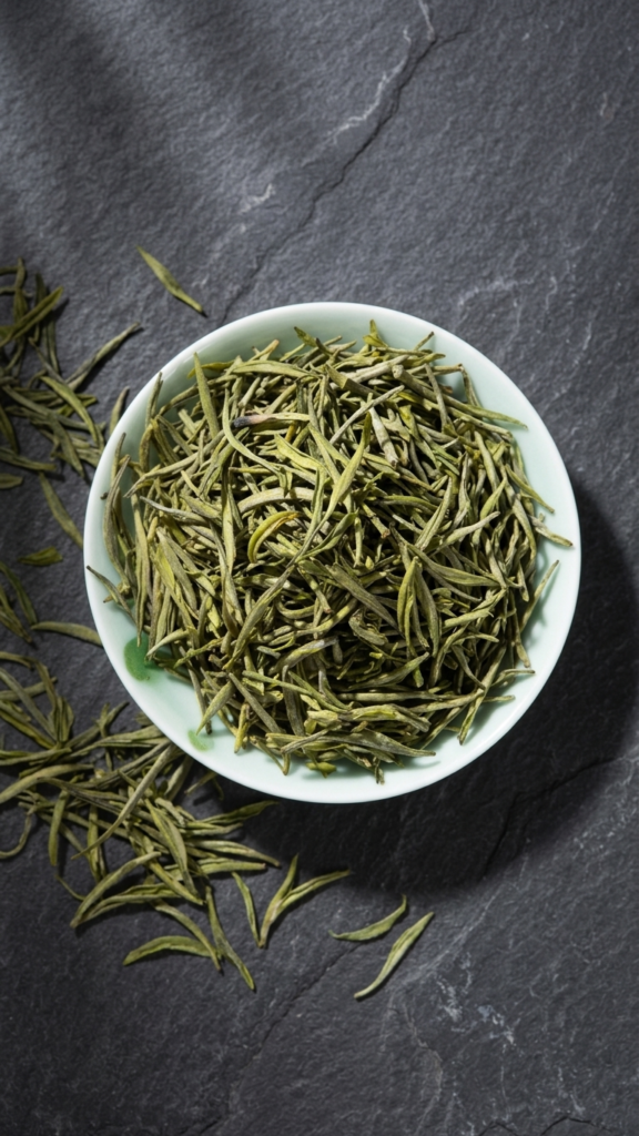 Taiping Houkui green tea leaves in a bowl