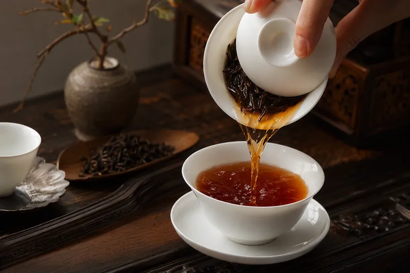 White porcelain gaiwan brewing Keemun black tea during a Chinese tea ceremony