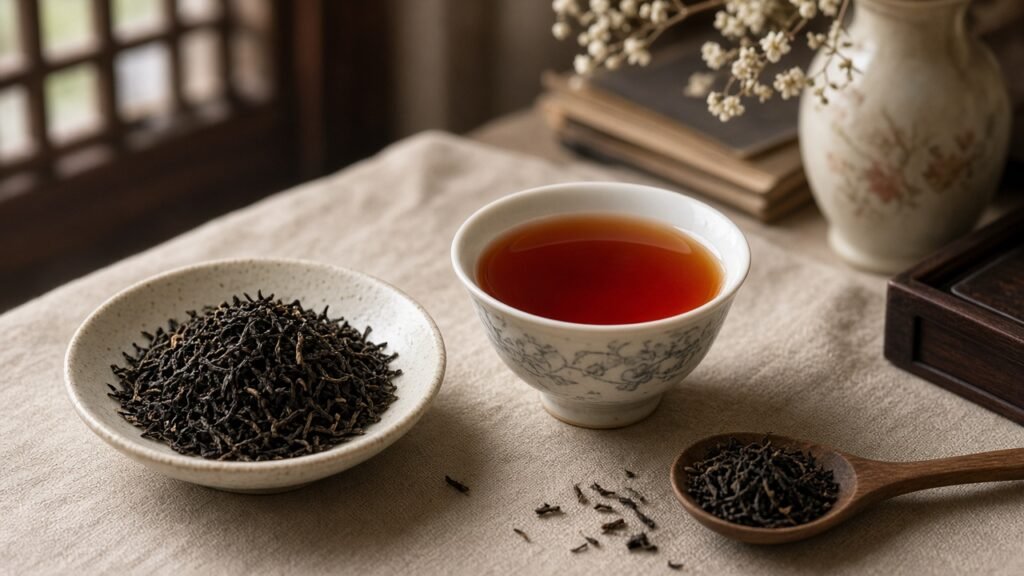 Keemun (Qimen) black tea dry leaves beside a bright amber cup — floral-honey fragrance of Anhui hongcha