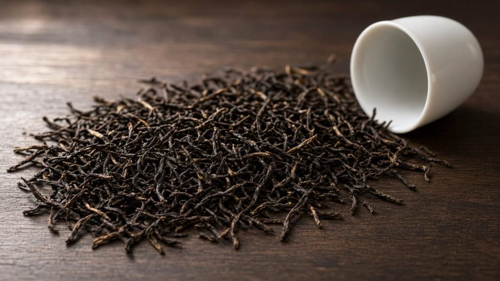 Premium dry Keemun black tea leaves with an empty white porcelain tasting cup on dark wood, quiet editorial tasting mood.