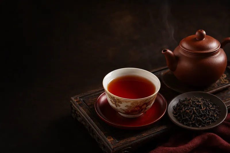 Premium Keemun black tea and tea ware arranged on a wooden tea table