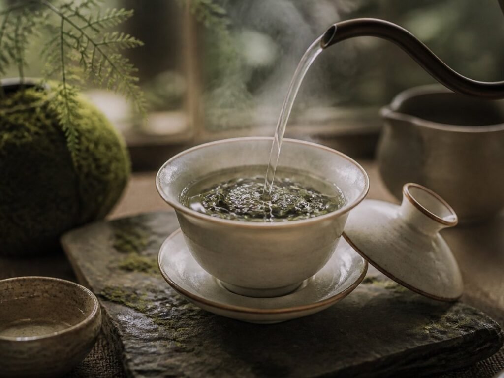 Pouring hot water into a ceramic gaiwan of Huangshan Maofeng green tea