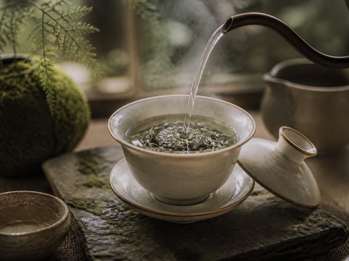 Pouring hot water into a ceramic gaiwan of Huangshan Maofeng green tea with steam rising