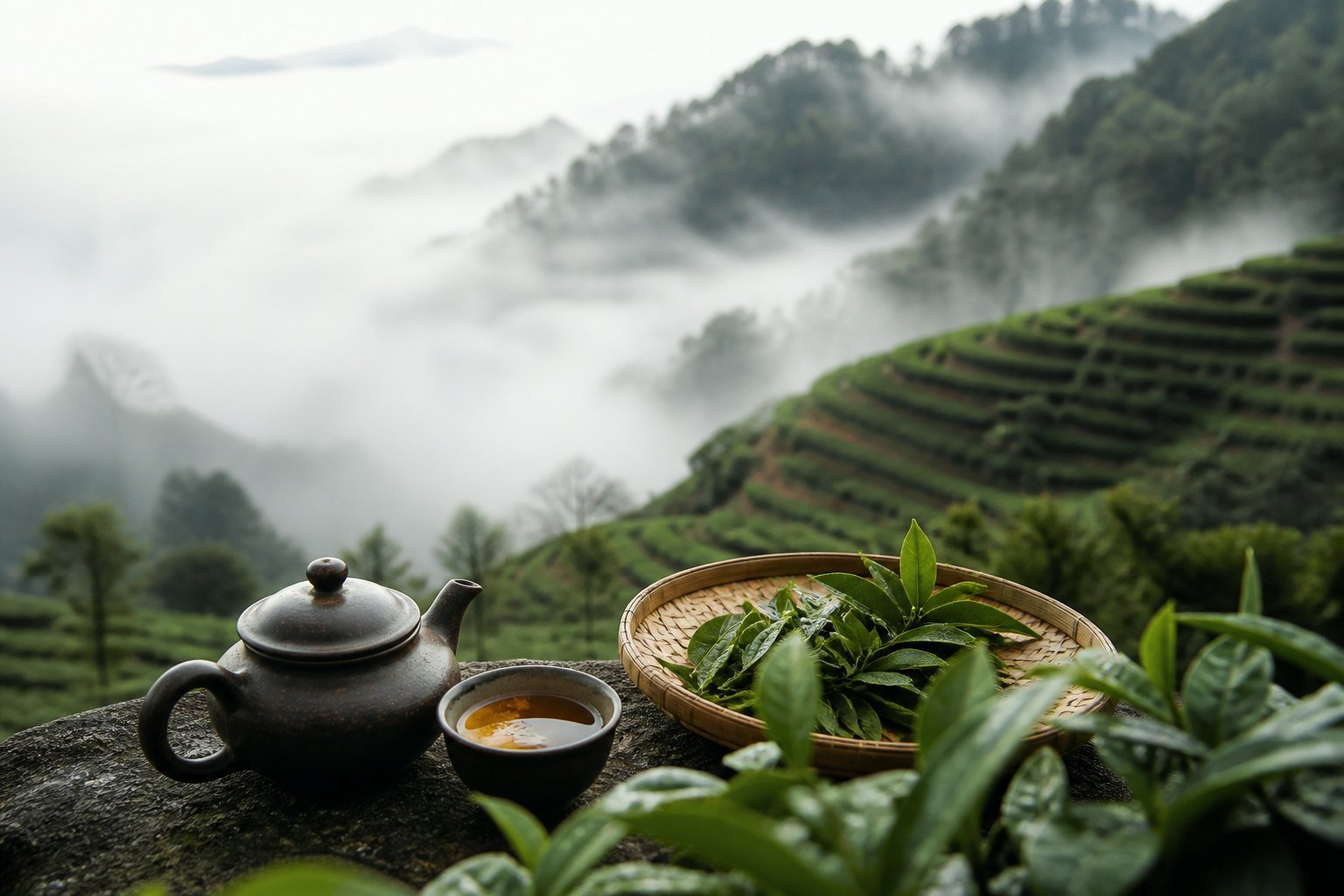 Fresh Huangshan Maofeng leaves in a bamboo basket beside a clay teapot, overlooking misty terraced tea gardens