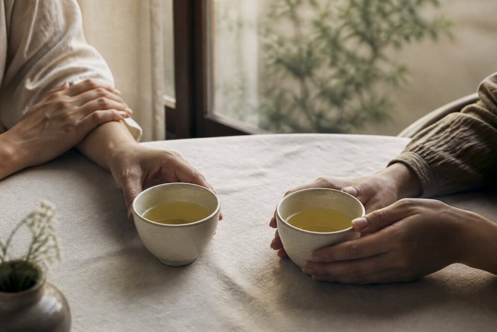 Two people holding small ceramic cups of pale Huangshan Maofeng green tea at a linen table