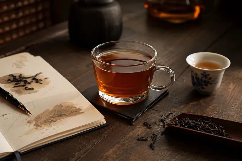 Keemun black tea tasting setup with a glass cup, notebook, and dry leaves