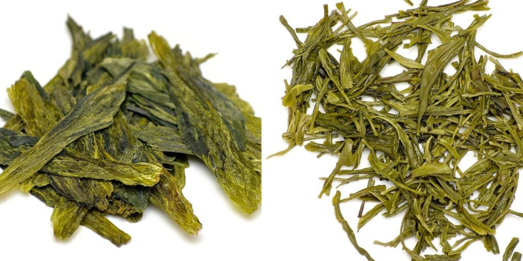 Dry Taiping Houkui on the left, with long flat pressed leaves, next to dry Huangshan Maofeng on the right, with small slender curled leaves, on a white background