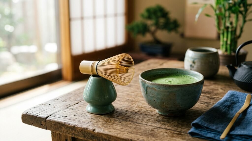 Handcrafted 100-tine golden bamboo matcha whisk resting on a celadon holder next to a bowl of foamy green matcha