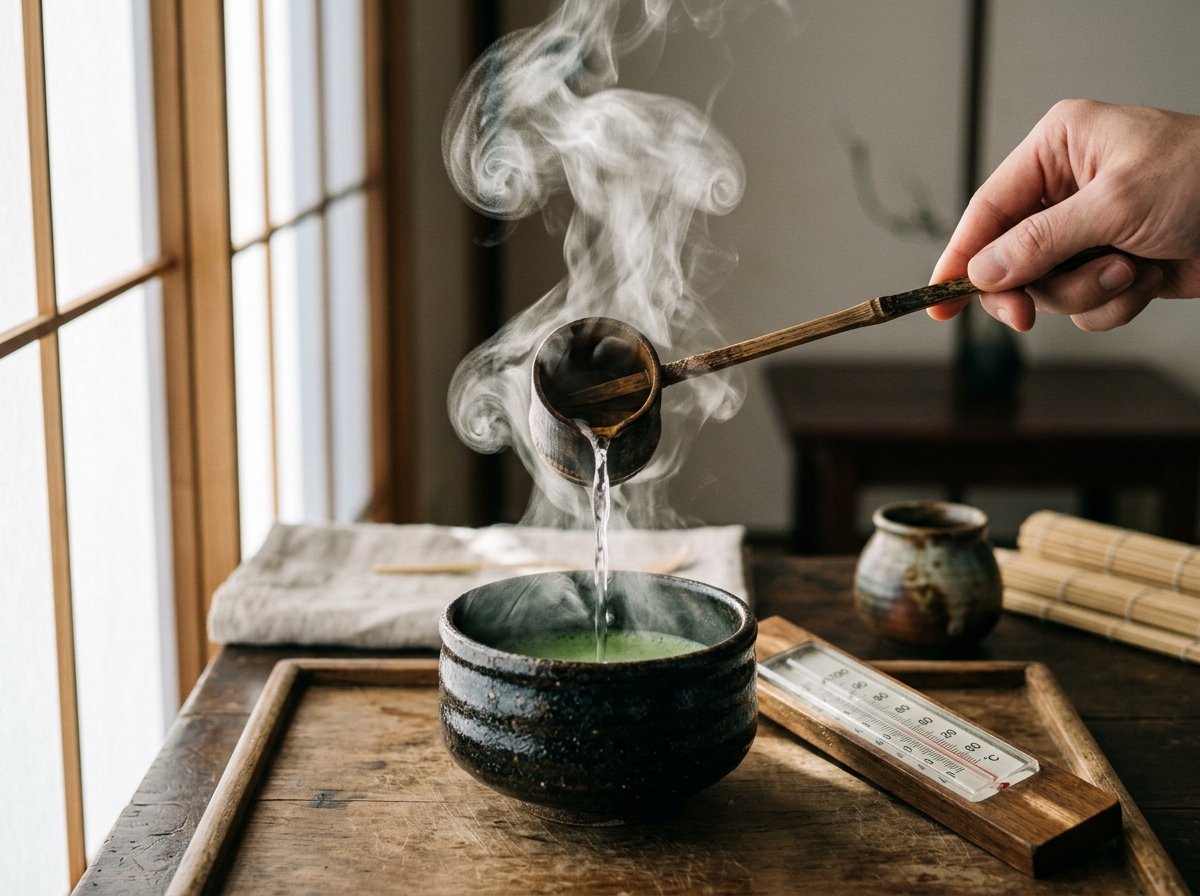 Traditional bamboo water ladle pouring hot water into a ceramic bowl with steam rising and tea thermometer