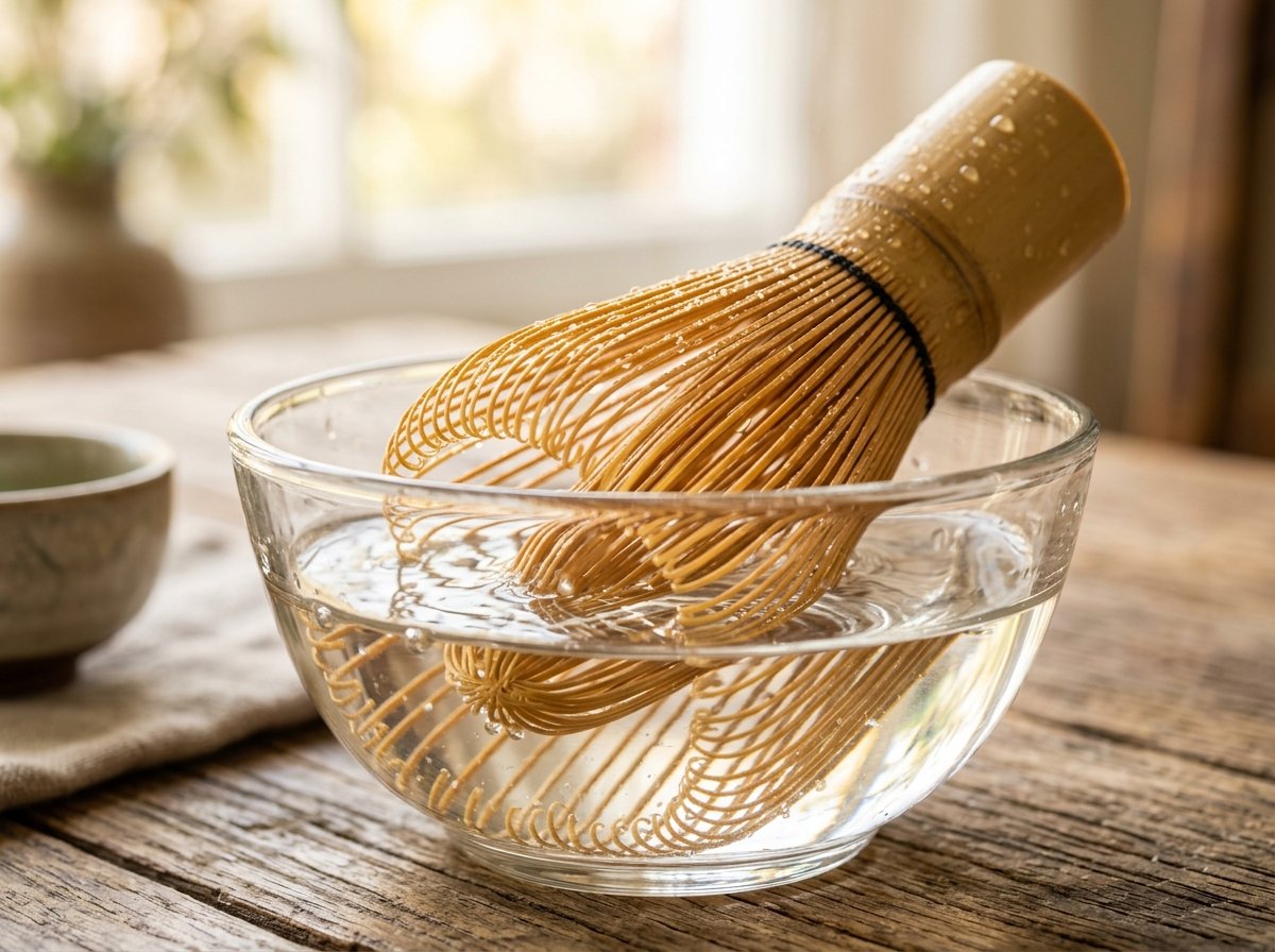Macro view of delicate bamboo matcha whisk tines unfurling and blooming in a glass bowl of warm water