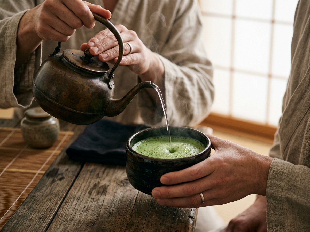 Hands in linen robes pouring a delicate arc of water from an antique bronze kettle into a dark whipped tea bowl