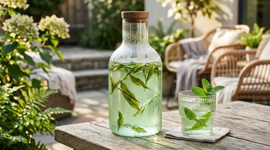 Glass carafe filled with cold brew green tea and long whole Taiping Houkui leaves with chilled moisture droplets