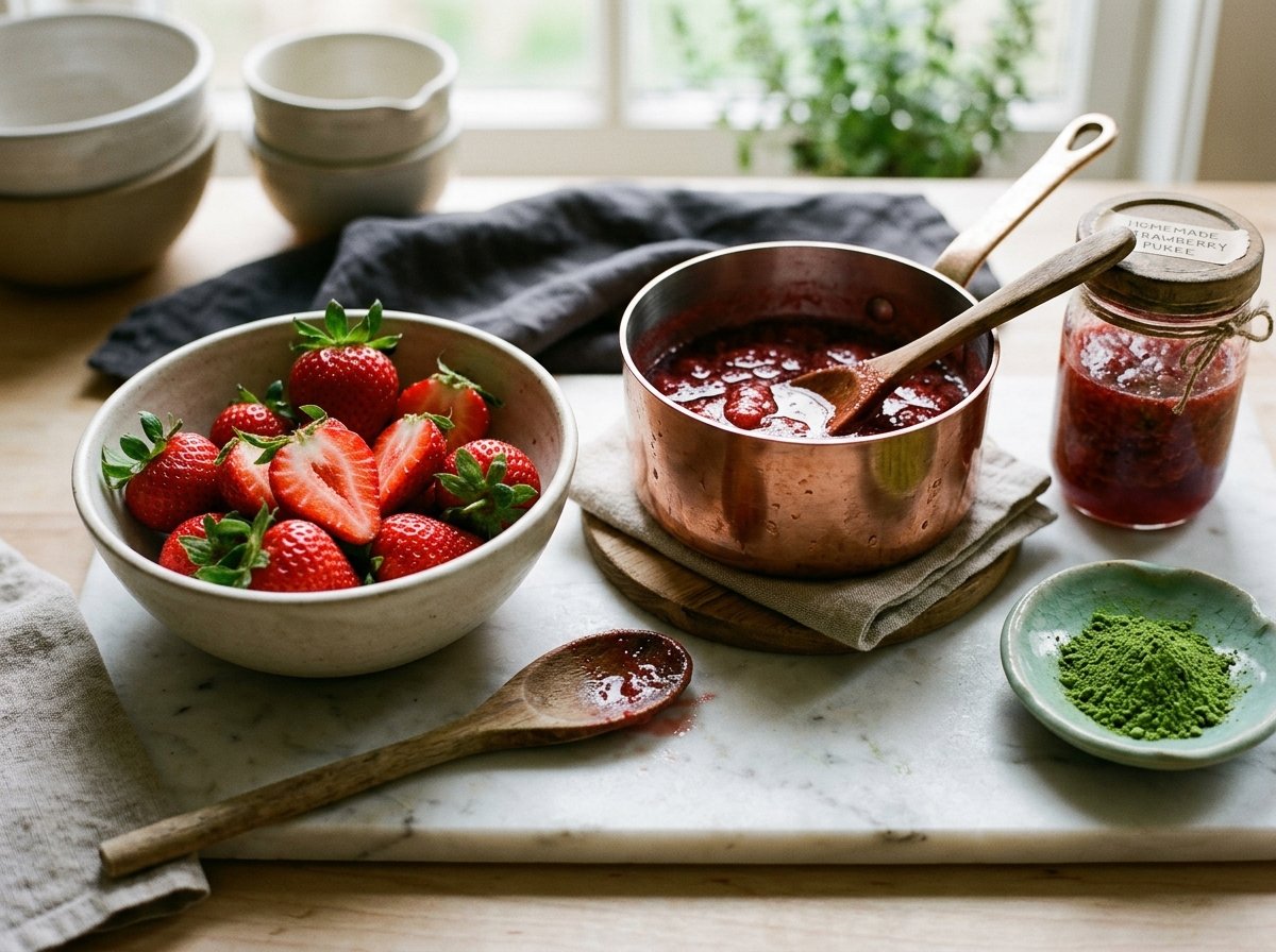 Fresh ripe organic strawberries in ceramic bowl beside simmering copper pot of strawberry puree reduction for matcha latte