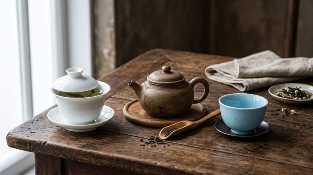 Side by side display of white porcelain gaiwan, purple clay Yixing teapot, and sky-blue Ru Kiln ice-crack cup on teak wood