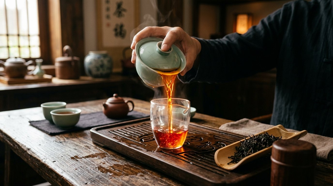 Master hand pouring hot amber Keemun black tea from a celadon gaiwan into a fairness pitcher with golden ring on dark wood table