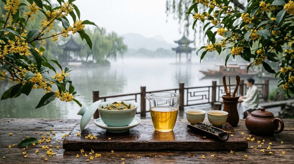Hangzhou West Lake autumn tea ceremony with sweet golden osmanthus blossoms, porcelain gaiwan, and glowing tea liquor