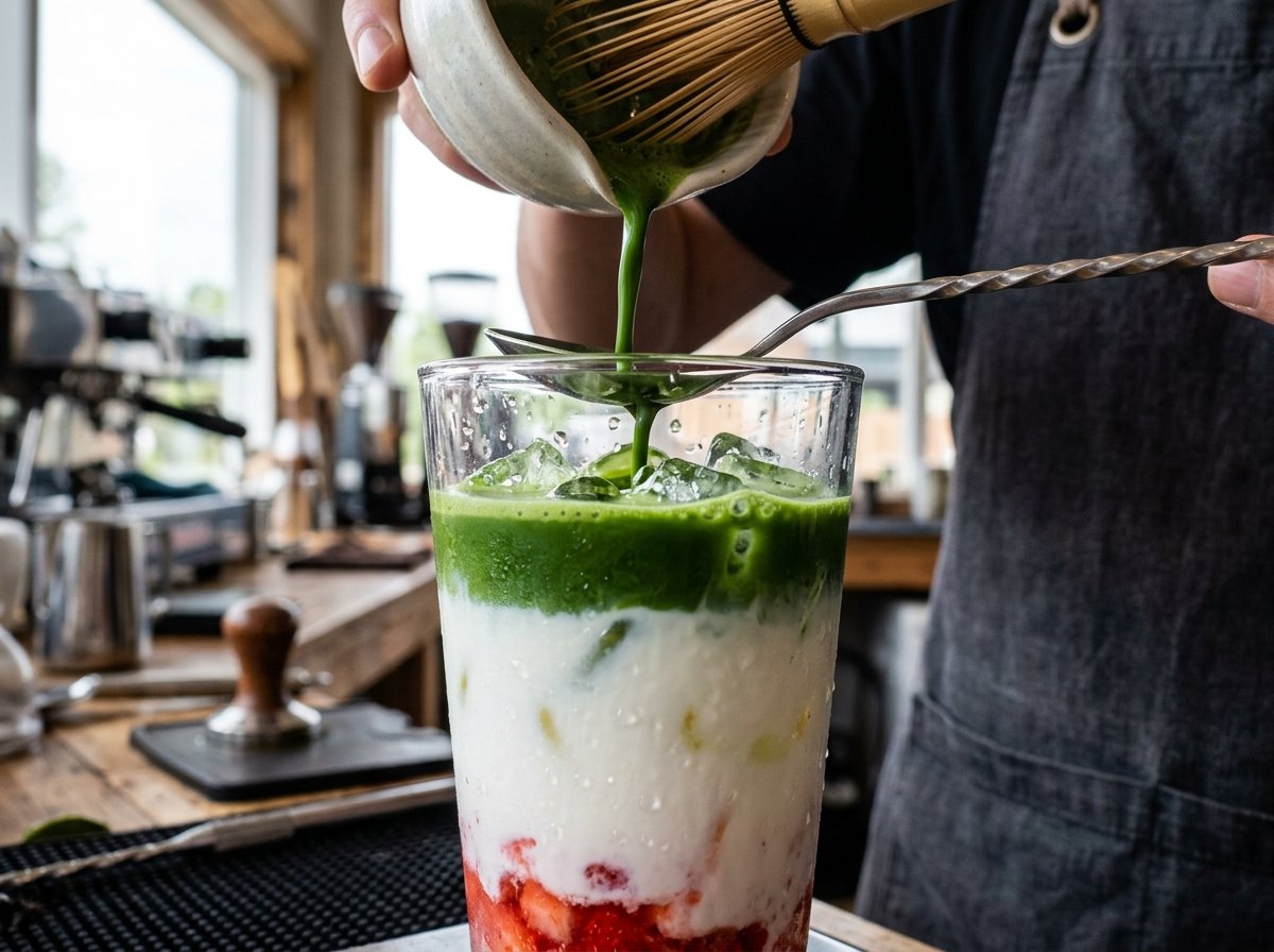 Barista pouring vivid green matcha over an overturned bar spoon into iced oat milk to create clean floating layers
