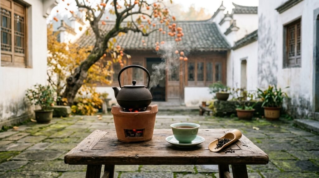 Authentic Huizhou courtyard autumn hearth tea with charcoal kettle, persimmons, and steaming Keemun black tea