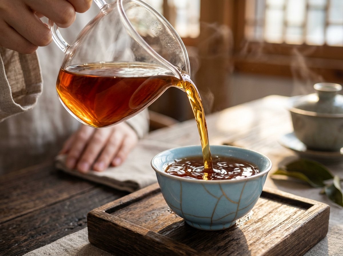 Amber Keemun black tea pouring from a glass pitcher into a sky-blue Ru Kiln porcelain cup with golden crazing veins