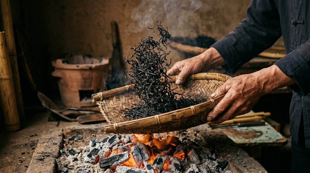 Artisan tea maker hands tossing wiry black Keemun tea leaves above a bamboo roasting basket over gentle glowing fruitwood charcoal embers