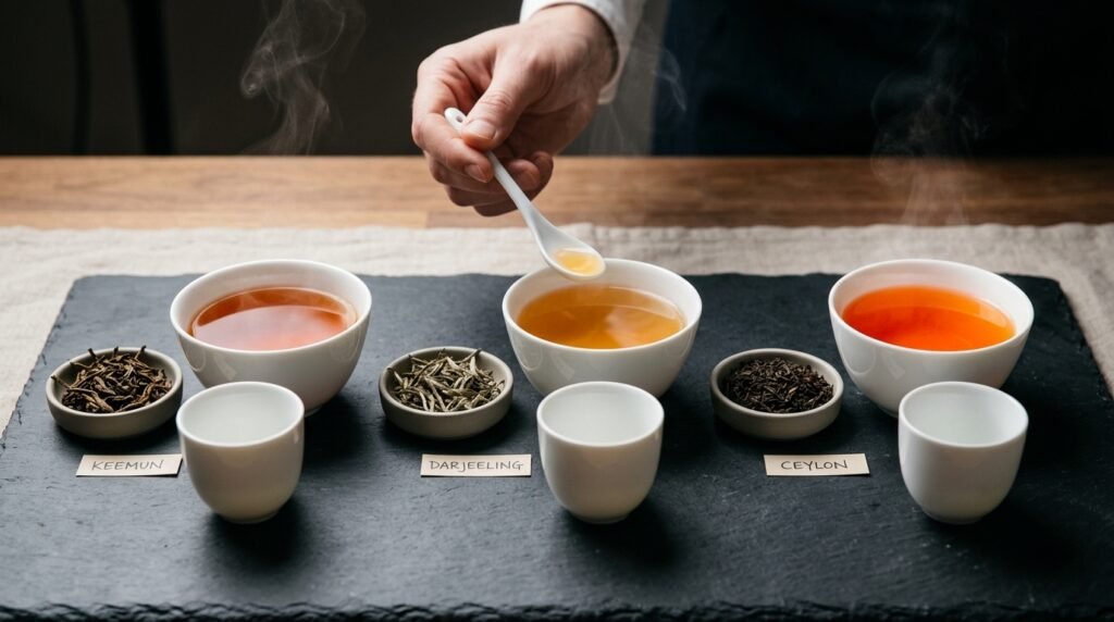 Sommelier tea cupping flight showing Keemun amber liquor, Darjeeling golden cup, and Ceylon orange brew with dry leaves