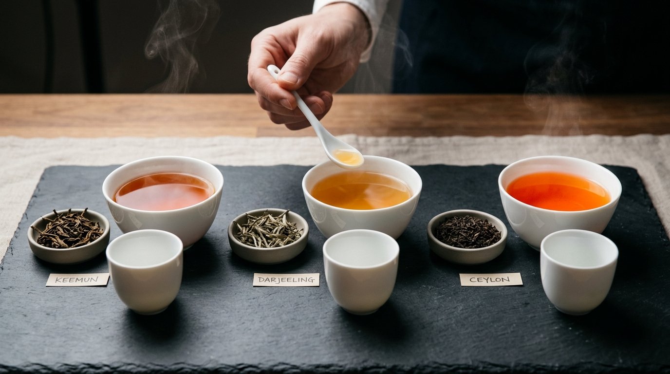 Sommelier tea cupping flight showing Keemun amber liquor, Darjeeling golden cup, and Ceylon orange brew with dry leaves