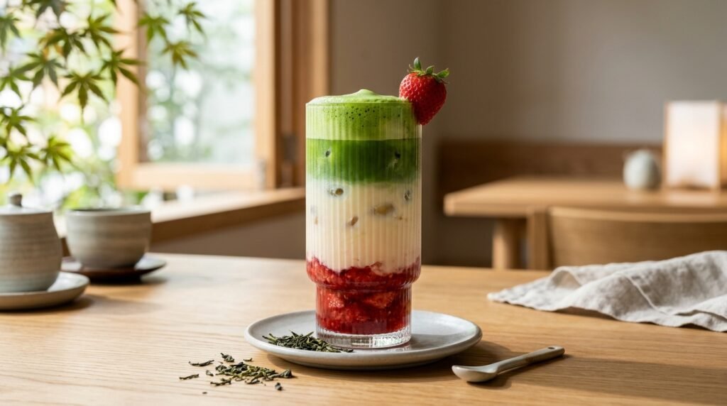 Tall fluted glass of iced layered strawberry matcha latte with fresh strawberries and vivid emerald ceremonial matcha foam