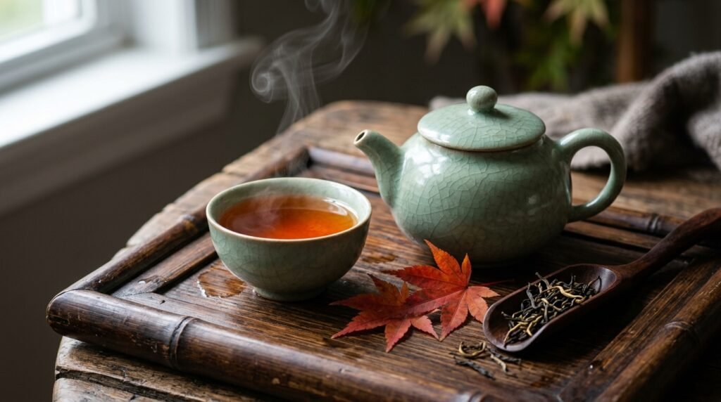 Thick-walled Ru kiln celadon teapot and tea bowl with rising steam and fiery autumn maple leaves on bamboo tray