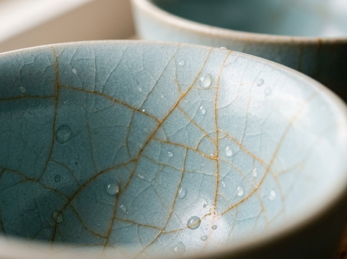 Macro close-up of Ru Kiln celadon tea cup showing delicate golden tea veins in ice crack crazing