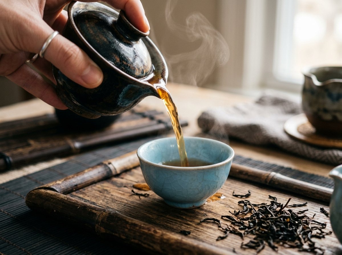 Amber Keemun black tea pouring smoothly into sky-blue Ru Kiln celadon cup on bamboo tea tray