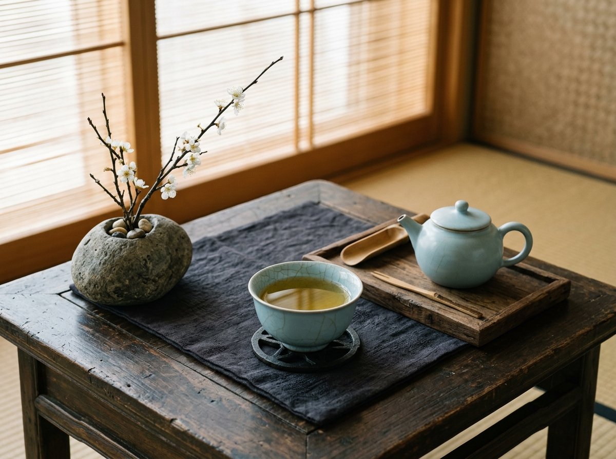 Sky-blue Ru-style celadon cup and teapot on a tea table with plum blossom (illustrative image)