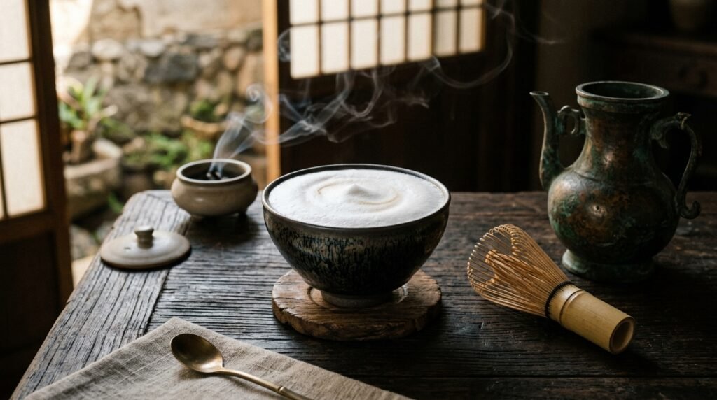 Authentic Song Dynasty Dian Cha setting with dense white whipped tea foam in a dark Jianzhan bowl and bamboo whisk