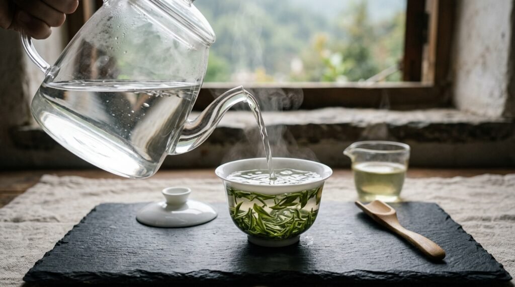 Clear glass kettle pouring steaming pure mountain spring water into a white porcelain gaiwan with fresh green tea leaves