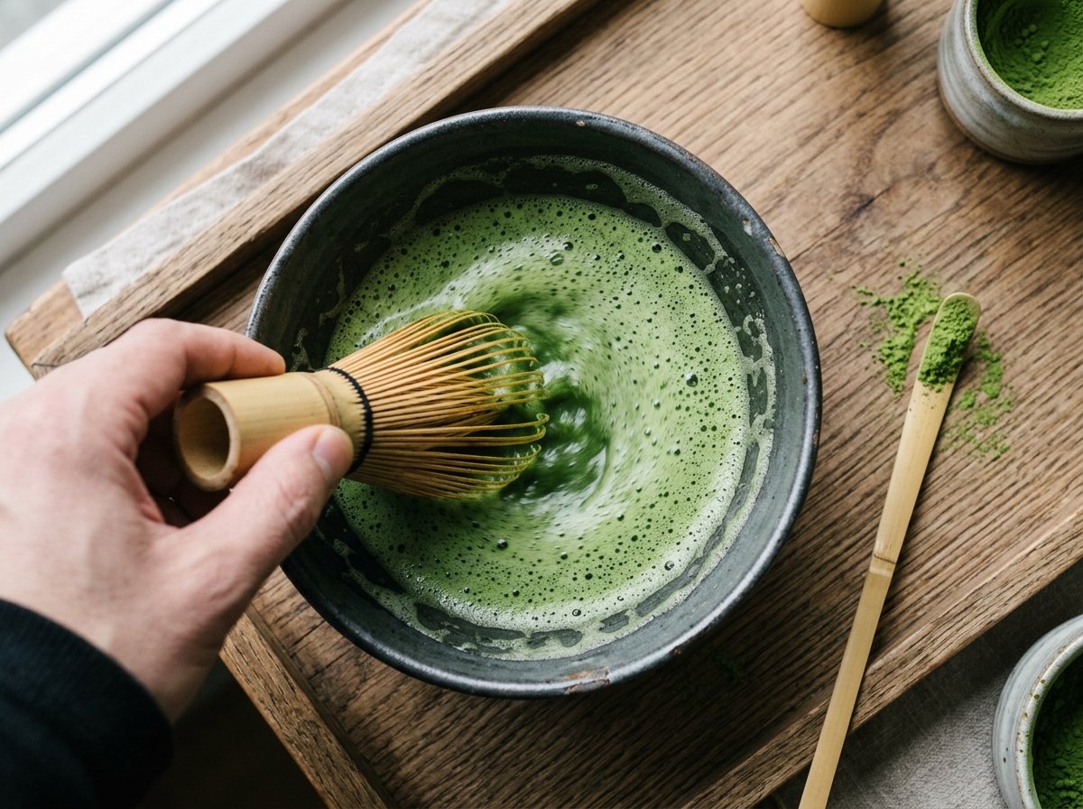 Whisking vibrant green matcha in a handcrafted ceramic chawan with traditional bamboo chasen whisk